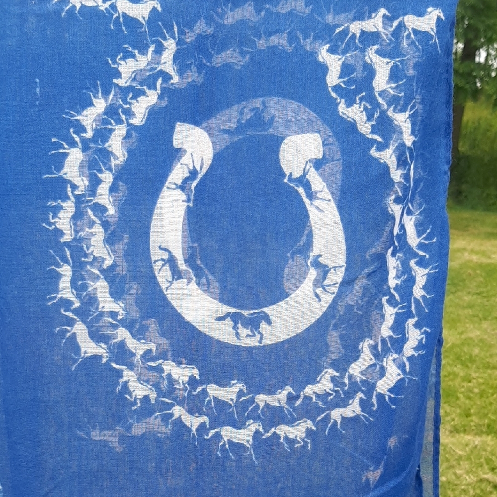 SCARVES🧣Oversize Horses🐎with Blue/White Fringe Size 70" X 23" Approx